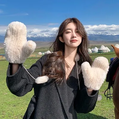 Women's Real Rex Rabbit Fur Gloves Knitted Full Mitten String Wrist Warm Mittens • $29.95