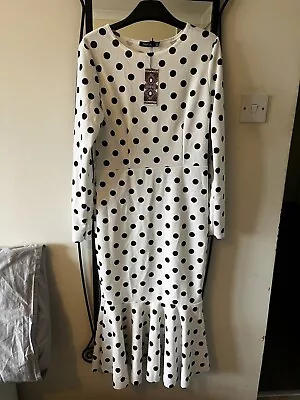 NEW WITH TAGS! Boohoo White Black Polka Dot Fishtail Midaxi Dress Size UK 14 • £4.99