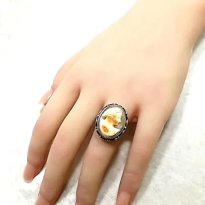 Vintage Sterling Silver Carved Woman Cameo Ring Size-7  • $90