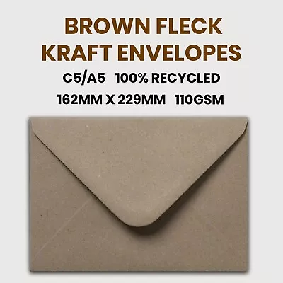 C5 / A5 Brown Fleck Kraft 100% Recycled Envelopes 110gsm 162x229mm • £0.99