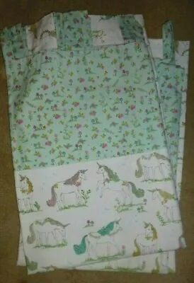 Tab Top Unicorn Horses Floral Duck Egg Pink Yellow White & Green Lined Curtains  • £40
