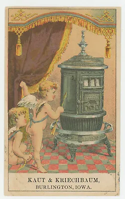 Kaut & Kriechbaum Burlington Iowa Round Oak Stoves Cherubs 1880's Trade Card • $24.95