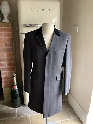 Mens Grey Rich Wool RACING GREEN Covert Coat Velvet Collar S • £69.99
