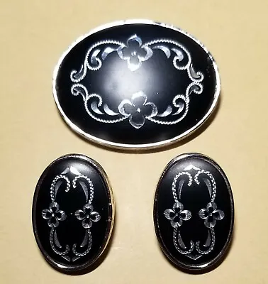 Gorgeous Vintage Black/Silvertone Etched Brooch/Clip Earrings  Whiting & Davis • $40