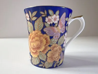 Queens Fine Bone China Mug Indigo Floral Butterfly Design Ceramic Cup Pristine • £5.50