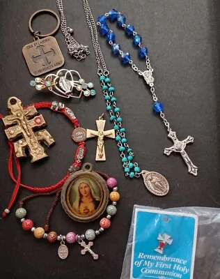 Vintage To Now Lot Catholic Religious Items Metals Jewelry Keychain And Pins • $34.97