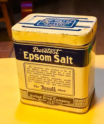 Vintage Puretest Epsom Salt Tin Rexall Store United Drug Company USA 4x3x2 1/2  • $18