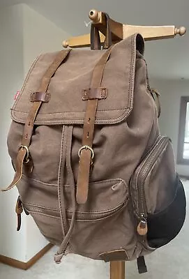 WOWBOX LG Brown Canvas Leather RUCK-SACK BACKPACK Gym Travel Hiking Bag EUC • $44.99