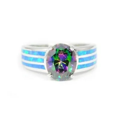 925 Sterling Silver Synthetic Opal Ring - Inlay Mystic Rainbow Topaz Oval • $34.99