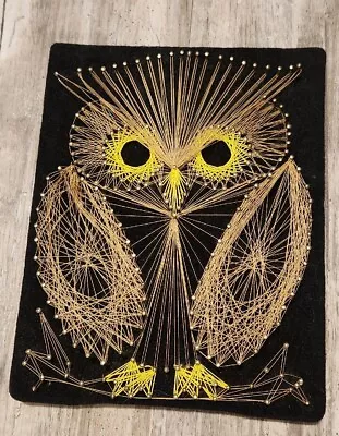 Vtg Mid Century Owl String Nail Art 8 X10  Black Felt Yellow Eyes Finished Piece • $25.95