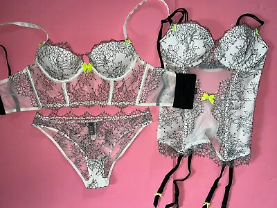 Victoria's Secret Longline 32C BRA SET+garter CORSET+S Panty White Black LACE • £136.59