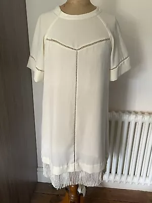 Zara Basic Cream Fringed Short Sleeved Shirt Dress Size Small • £3.99