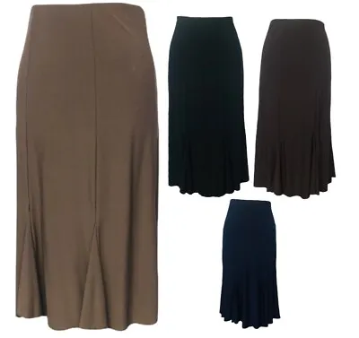 New Ladies Plain Elastic Waist Panel Godet Calf Midi Length Skirt Flared Work • £13.95