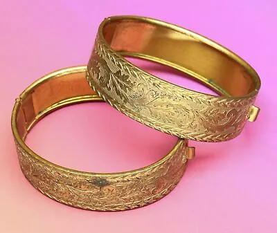 7-1/8  Retro Floral Engraved Gold Plated Bracelets Vintage Hinged Bangles  • $35