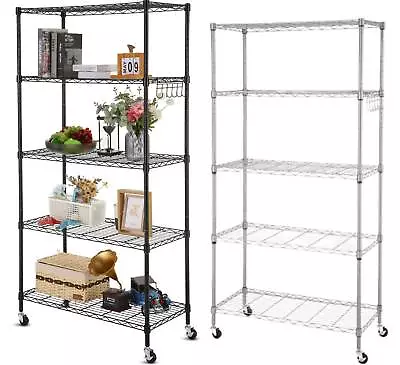 5 Tier Heavy Duty Metal Shelving Shelves Storage Kitchen Shelf Garage W/4 Wheels • £49.99