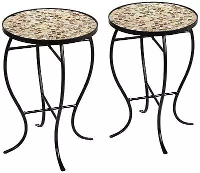 Modern Black Outdoor Accent Tables 14  Wide Set Of 2 Natural Mosaic Porch Patio • $99.95