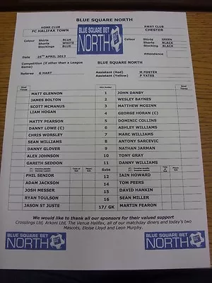 £3.99 • Buy 25/04/2013 Colour Teamsheet: FC Halifax Town V Chester (folded). Bobfrankandelvi