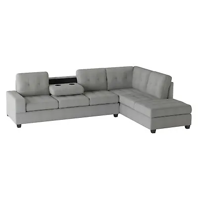 Gray Reversible Chaise Sofa Sectional & Drop Down Table Living Room Furniture • $1199