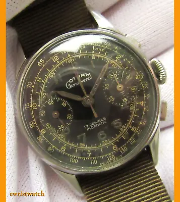 Vtg 50's Gotham Chronograph Valjoux 92 Original Gilt Radium Military Black Dial • $1880