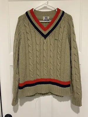 Vintage IZOD Lacoste V-Neck Sweater Chunky Cable Knit Tennis Cricket Sz L Preppy • $64.90