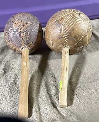 Hand Carved Gourd With Wood Handles Maracas Shakers • $27.50