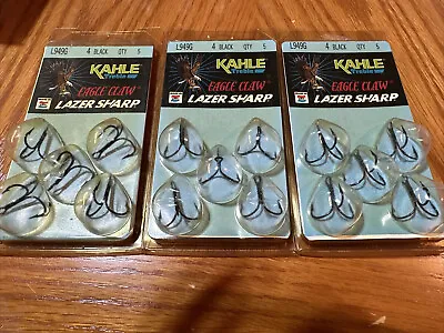 3 Packs Eagle Claw Lazer Sharp L949G Size 4 Black Kahle Treble Hooks 15 Hooks • $13.99