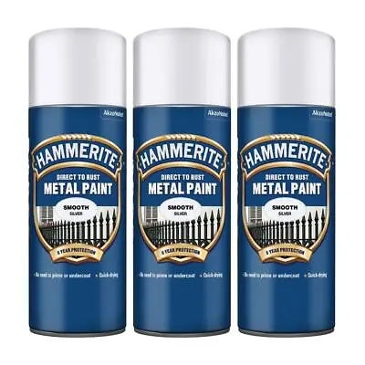 3x Hammerite Direct To Rust Smooth Silver Aerosol Quick Drying Spray Paint 400ml • £32.99