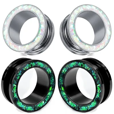 PAIR White Opal Glitter Rim Screw Fit Tunnels Ear Plugs Earlet Rimmed Gauges • $13.99