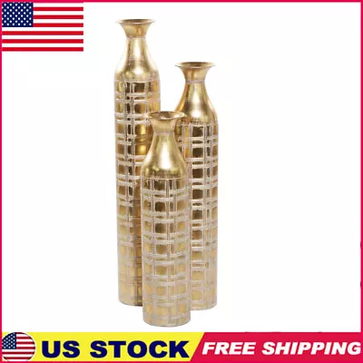 Gold Metal Vase W/ Etched Grid Patterns Rubber Stoppers Indoor Home Set Of 3 New • $88.73