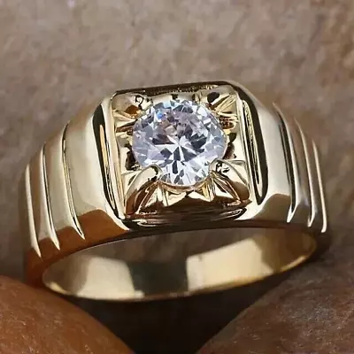 2CT Round Cut Real Moissanite Men's Solitaire Ring 14k Yellow Gold Plated Silver • $149.99