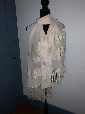 Beautiful Embroidered Edwardian Era Cream Silk Handtied Fringed Shawl Scarf 80 M • $74.99