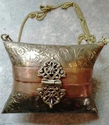 Vintage Art Deco Pillow Purse Copper Brass Purse Purple Lining Chain Strap • $18