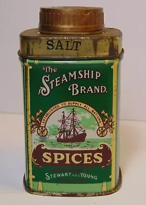 Old Vintage STEAMSHIP BRAND NAUTICAL GRAPHIC SPICE TIN SALT STEWART AND YOUNG • $24.49