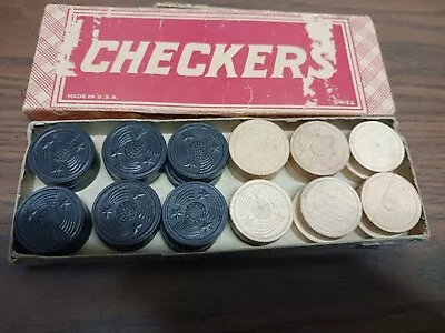 Vintage USA Black & White Wooden Checkers Original Box Complete Set Of 24 5-k-24 • $20