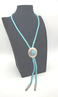 Bolo Western Tie Round Silvertone Tin Punch Star Slide Turquoise Braided Cord • $16.99