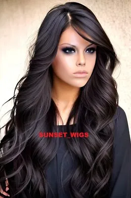 36  Lace Front Full Wig Extra Long Wavy Layered Side Part Dark Brown #2 Heat Ok • $87.76