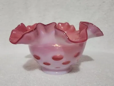 Vintage Fenton Pink Cranberry Coin Dot Ruffled Rim Art Glass Bowl • $39.99