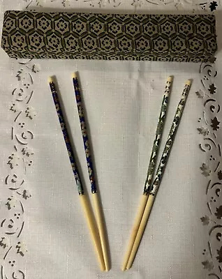 Chinese Chopstick 2 Pairs Cloisonné Enamel Vintage Gilt Inlay Box Blue Flowers • $11.89