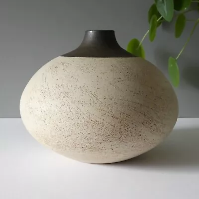 Studio Art Pottery Vase Signed JN Rotund Textured Raku Glaze Neutral • £149.99