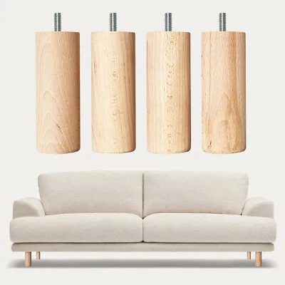 4x Solid Beech Replacement Wooden Furniture Sofa Chair Bed Legs Feet Round M8 • £9.99