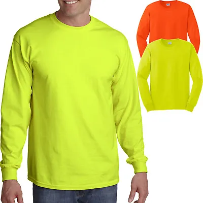 Mens Long Sleeve T-Shirt Gildan Safety Green Orange ANSI High Vis Sizes S-5XL  • $15.99
