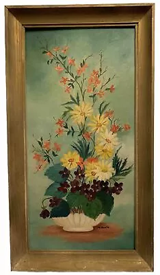 Mid Century Modern ATOMIC Floral Still Life Oil Painting Signed VIOLETS DAISIES • $74.95