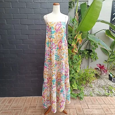 Dear Siouxsie XL AU 14 Bright Fun Multi Floral Strappy Tiered Cotton Maxi Dress • $34.95