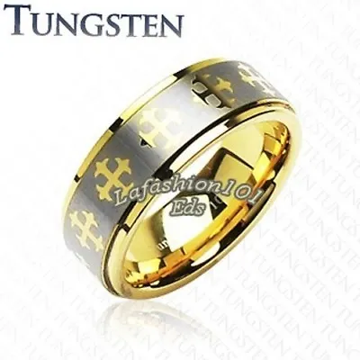 Tungsten IP Gold & Brushed Mens Wedding Ring W/Cross Decoration SZ 910111213 • $17.88