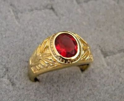 Men's Oval Red Ruby CZ Yellow Gold Plated Ring New Size 11 Free Shipping New • $17.50