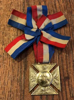 1897 Queen Victoria - Golden Jubilee Brass Medal - Ornate Red White Blue Ribbon • £12