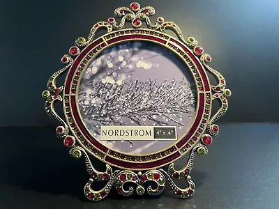 Rare Vtg Jeweled Circular Metal Picture Frame By NORDSTROM - Fits 4 X4  Photo • $19.99