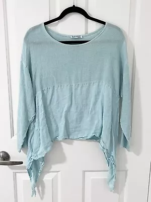 MADE IN ITALY - Blue Italian Linen Loose Woven Boxy Smock Top O/S Fit 12 • $39