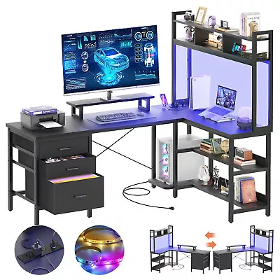 L Shaped Gaming Desk With Shelve ＆ Drawers Computer Desk With Power Outlet ＆ LED • $219.99