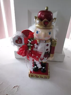 9  Handcrafted Ruby Red Valentines Day Nutcracker W/ Lace Pearl Hearts & Roses • $32.99